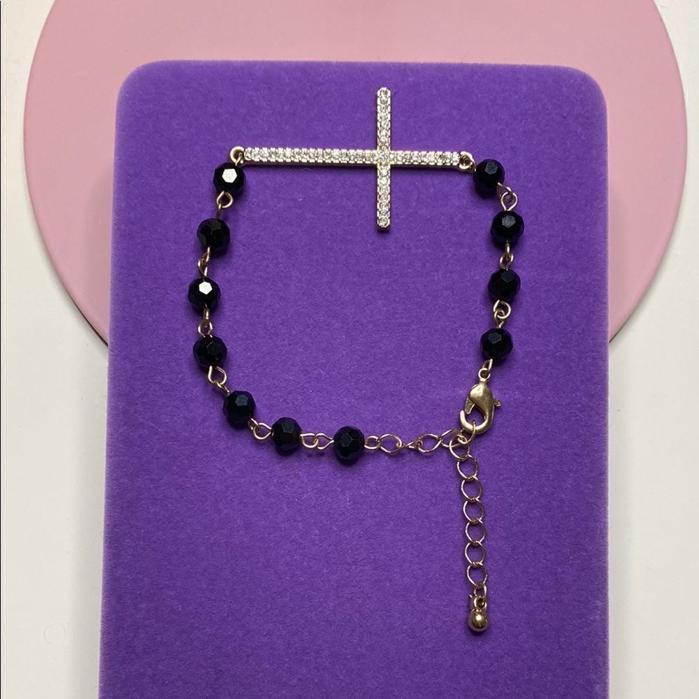💛 Elegant Gold Plated Black Beaded with Crystal Cross Bracelet